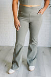 Explore More Collection - Building Habits Twill Flared Crossover Waist Pant in Dusty Olive