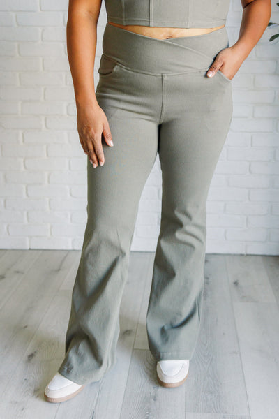 Explore More Collection - Building Habits Twill Flared Crossover Waist Pant in Dusty Olive