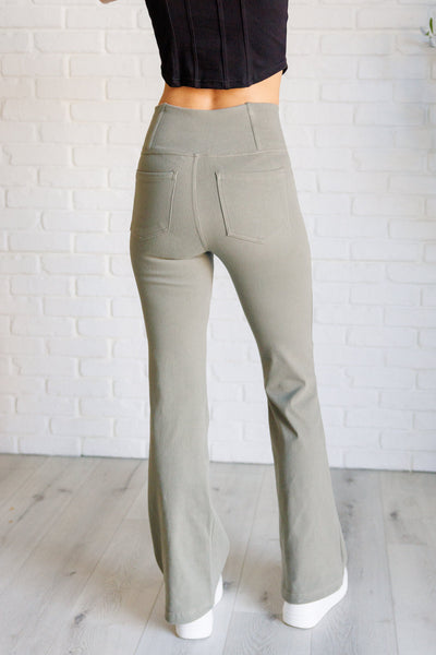 Explore More Collection - Building Habits Twill Flared Crossover Waist Pant in Dusty Olive