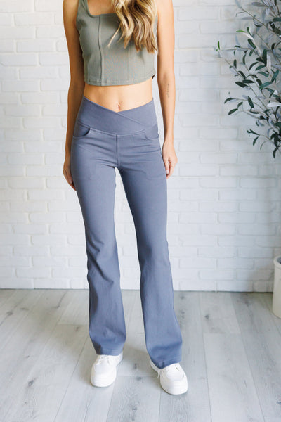 Explore More Collection - Building Habits Twill Flared Crossover Waist Pant in Titanium