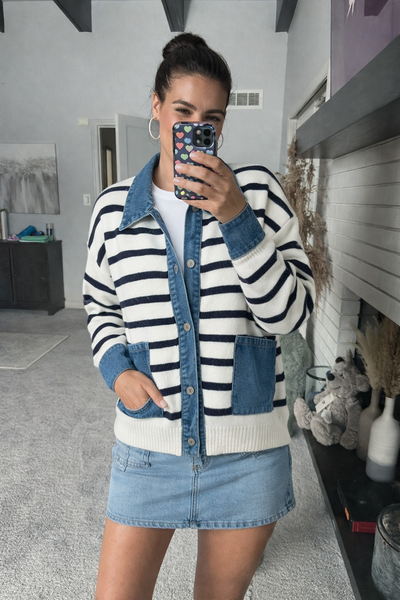 Quinn - A Colorblocked Collared Button Down Stripe Sweater