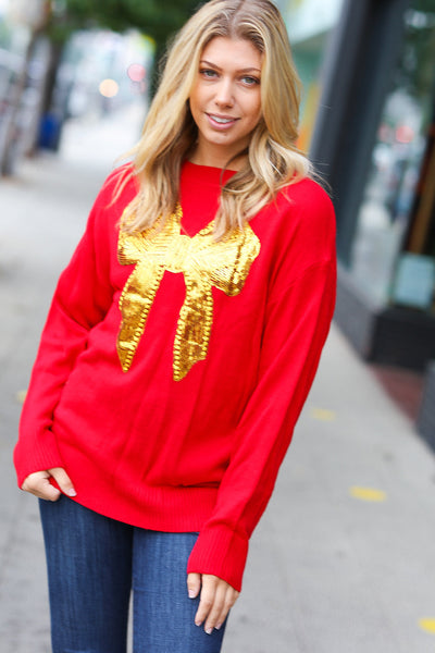 Explore More Collection - All I Want Red Sequin Bow Embroidery Knit Sweater