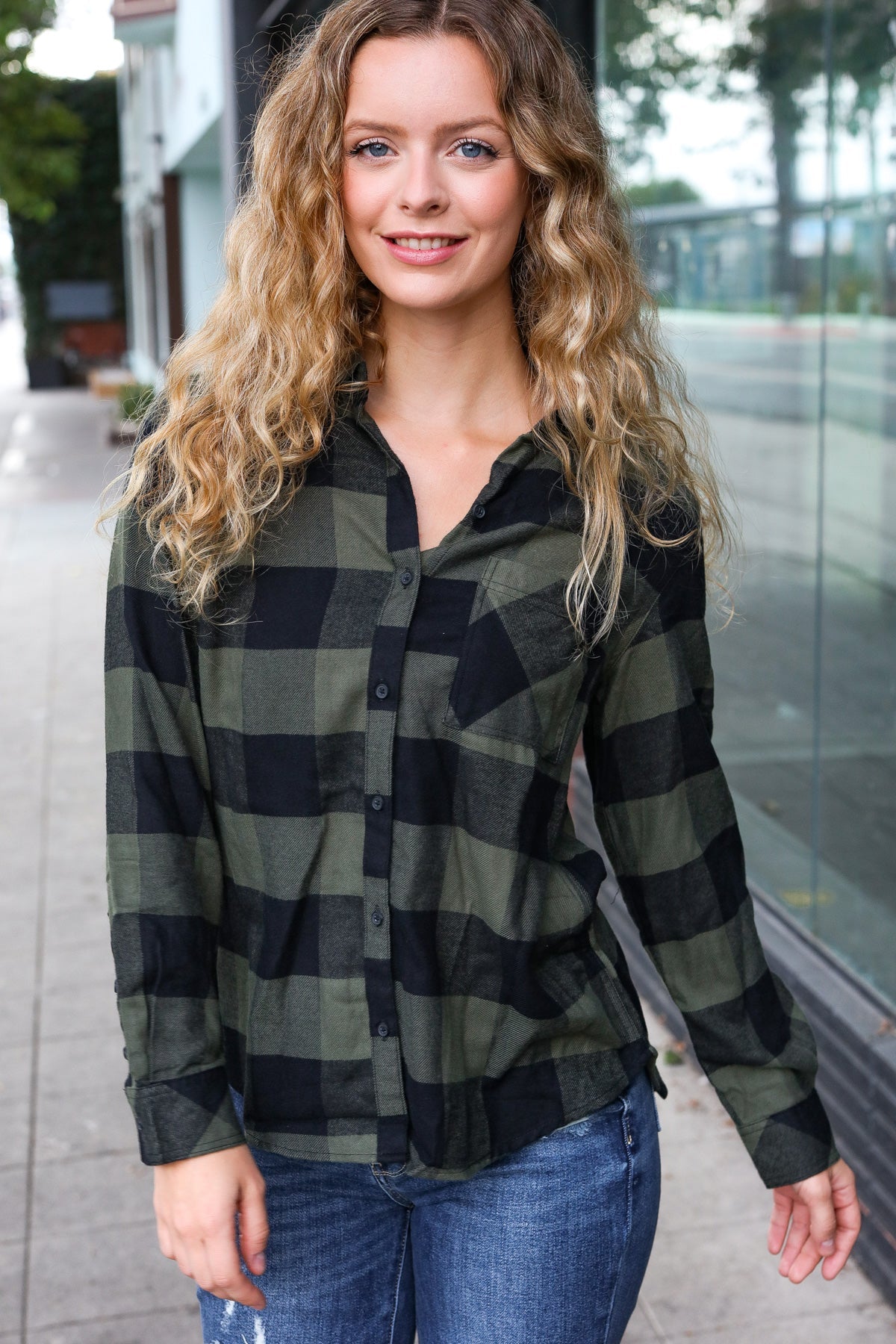 Explore More Collection - Casual Chic Army Green Plaid Button Down Long Sleeve Top