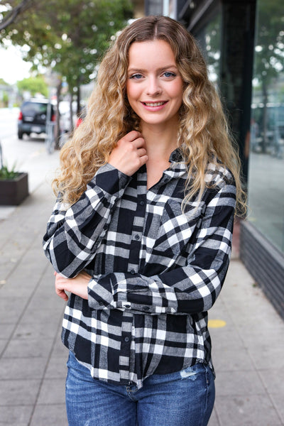 Explore More Collection - Casual Chic Black Plaid Button Down Long Sleeve Top