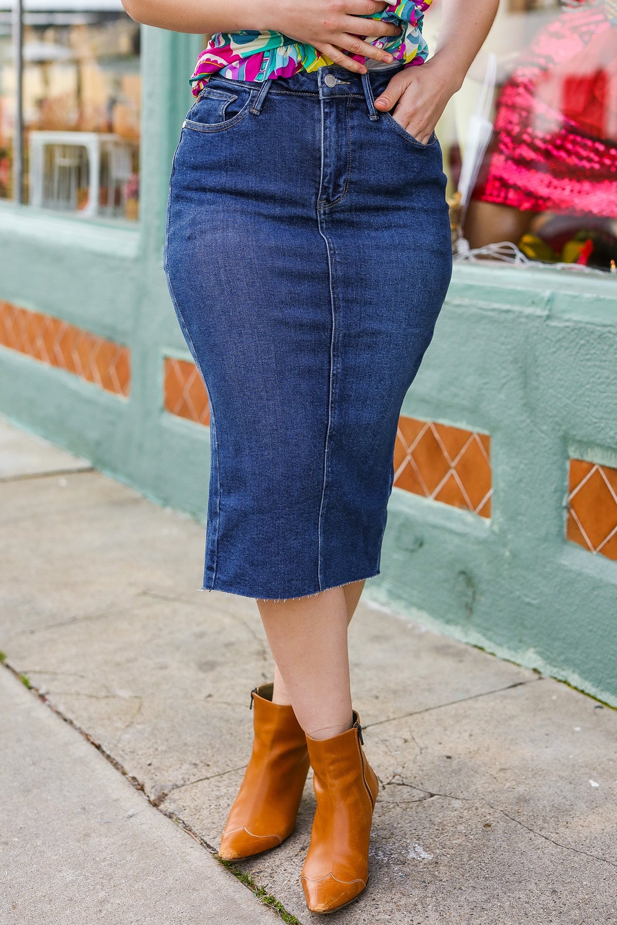 Explore More Collection - Dark Denim High Rise Back Slit Midi Length Skirt