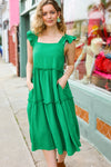 Explore More Collection - Lots To Love Kelly Green Smocked Flutter Sleeve Tiered Midi Dress