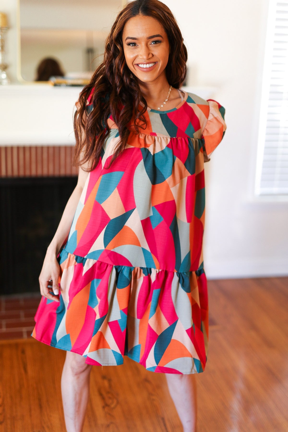 Explore More Collection - Stand Out Magenta & Teal Geometric Yoke Woven Dress