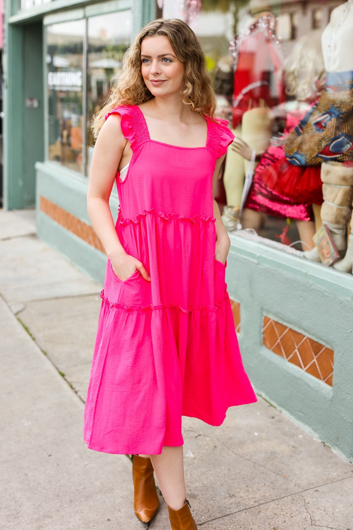 Explore More Collection - Lots To Love Fuchsia Smocked Flutter Sleeve Tiered Midi Dress