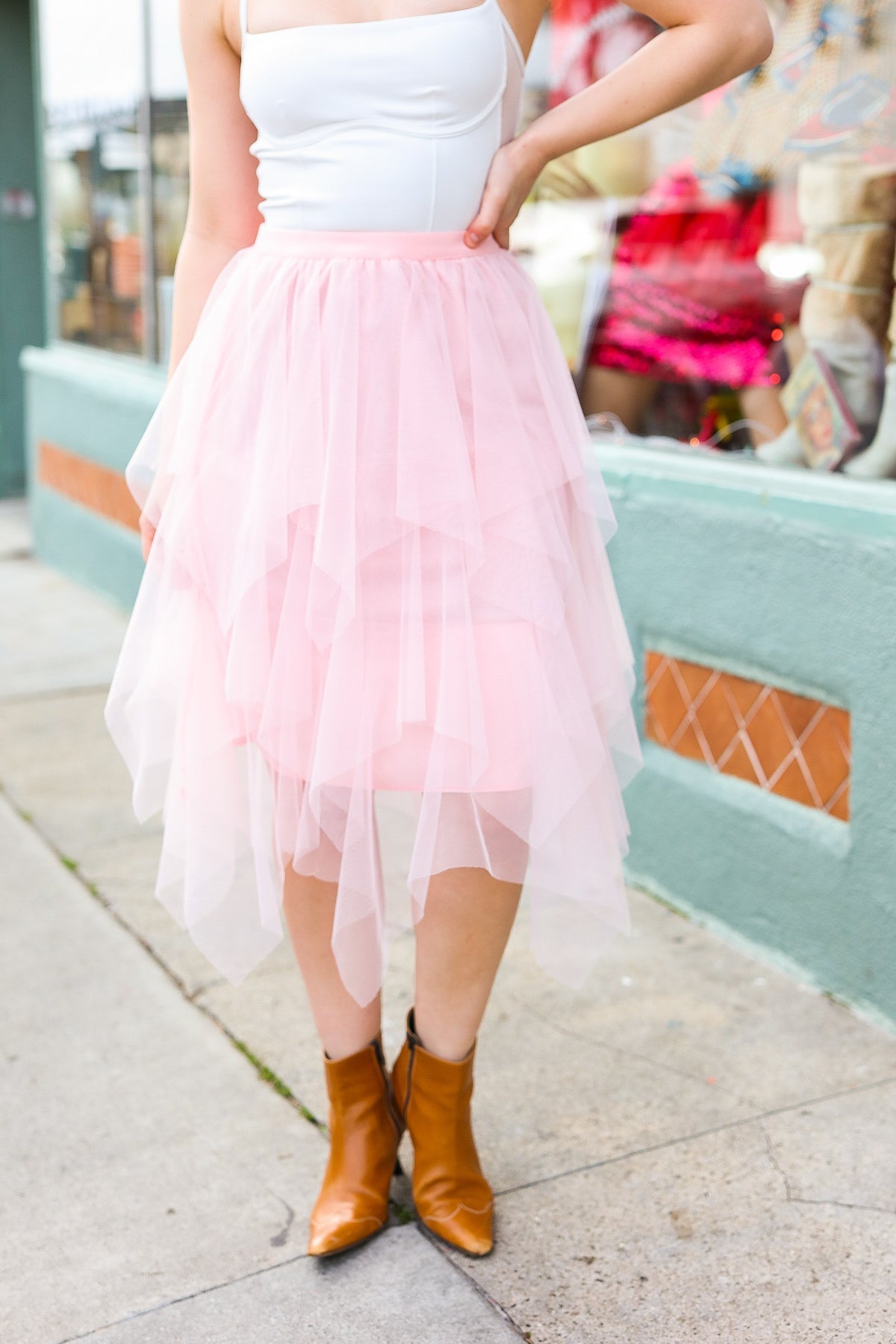 Explore More Collection - Feeling Femme' Blush Asymmetric Tiered Tulle Midi Skirt