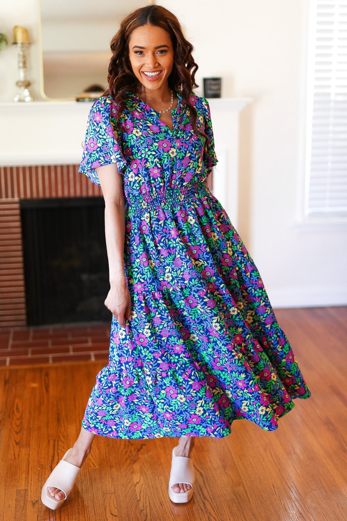 Explore More Collection - Eyes On You Navy Neon Floral Smocked Waist Maxi Dress
