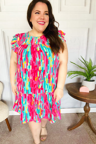 Explore More Collection - Feeling Bold Multicolor Abstract Print Tiered Ruffle Sleeve Dress