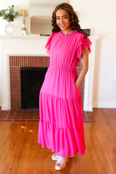 Explore More Collection - Perfectly You Hot Pink Mock Neck Tiered Chiffon Maxi Dress