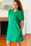 Explore More Collection - Boldy You Kelly Green Textured Puff Sleeve Dress