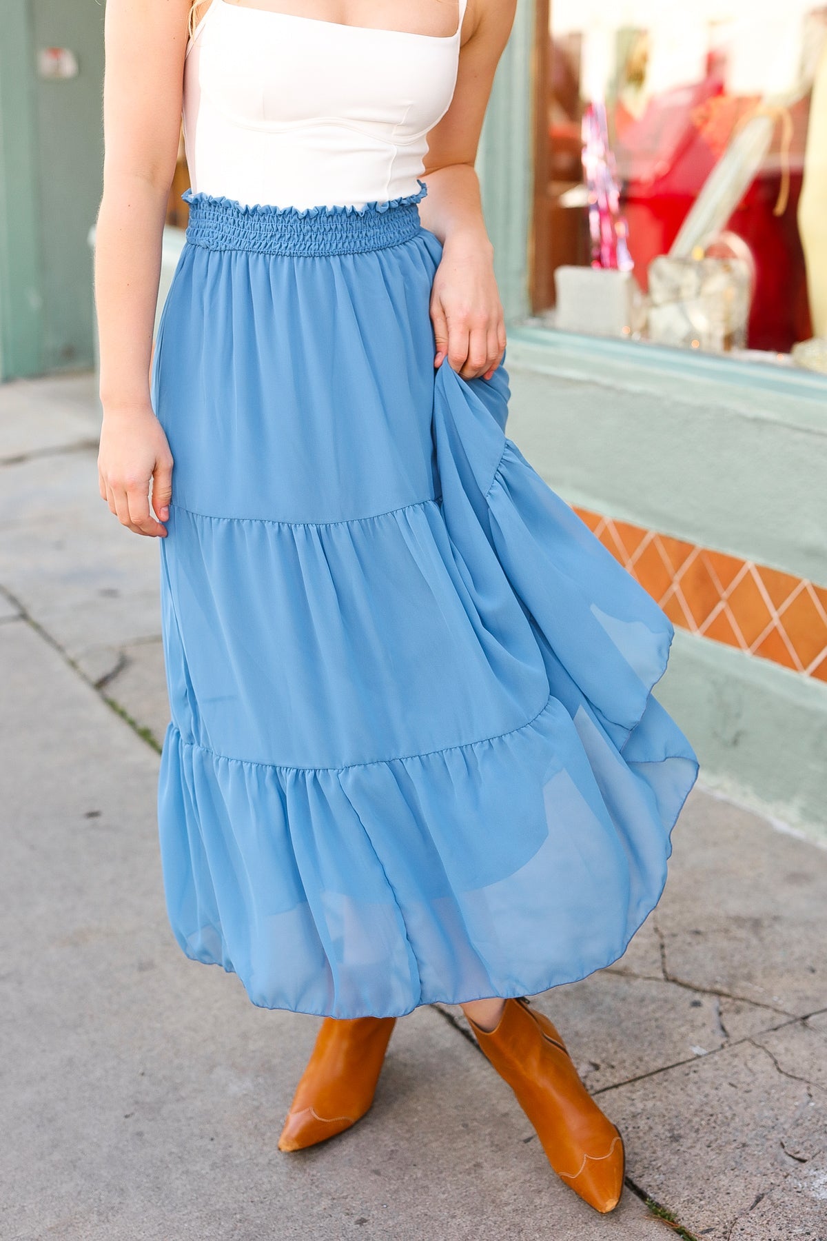 Explore More Collection - Look of Love Denim Blue Smocked Waist Tiered Chiffon Skirt