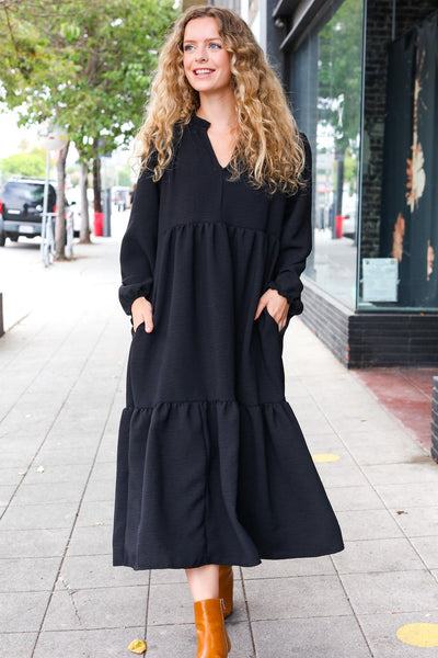 Explore More Collection - Lock Eyes Black Notched Neck Frill Hem Tiered Maxi Dress