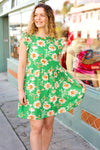 Explore More Collection - Bright Thoughts Green Floral Frill Mock Neck Ruffle Dress