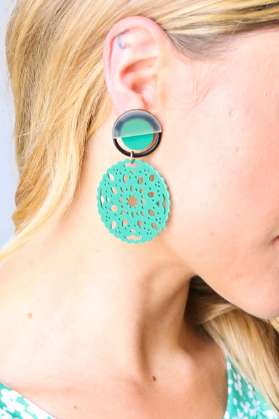 Explore More Collection - Teal Crochet Carved Disc Dangle Earrings