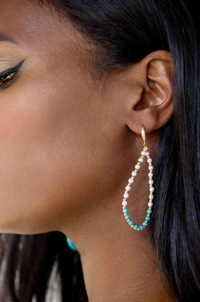 Explore More Collection - Turquoise and Pearl Teardrop Drop Earrings