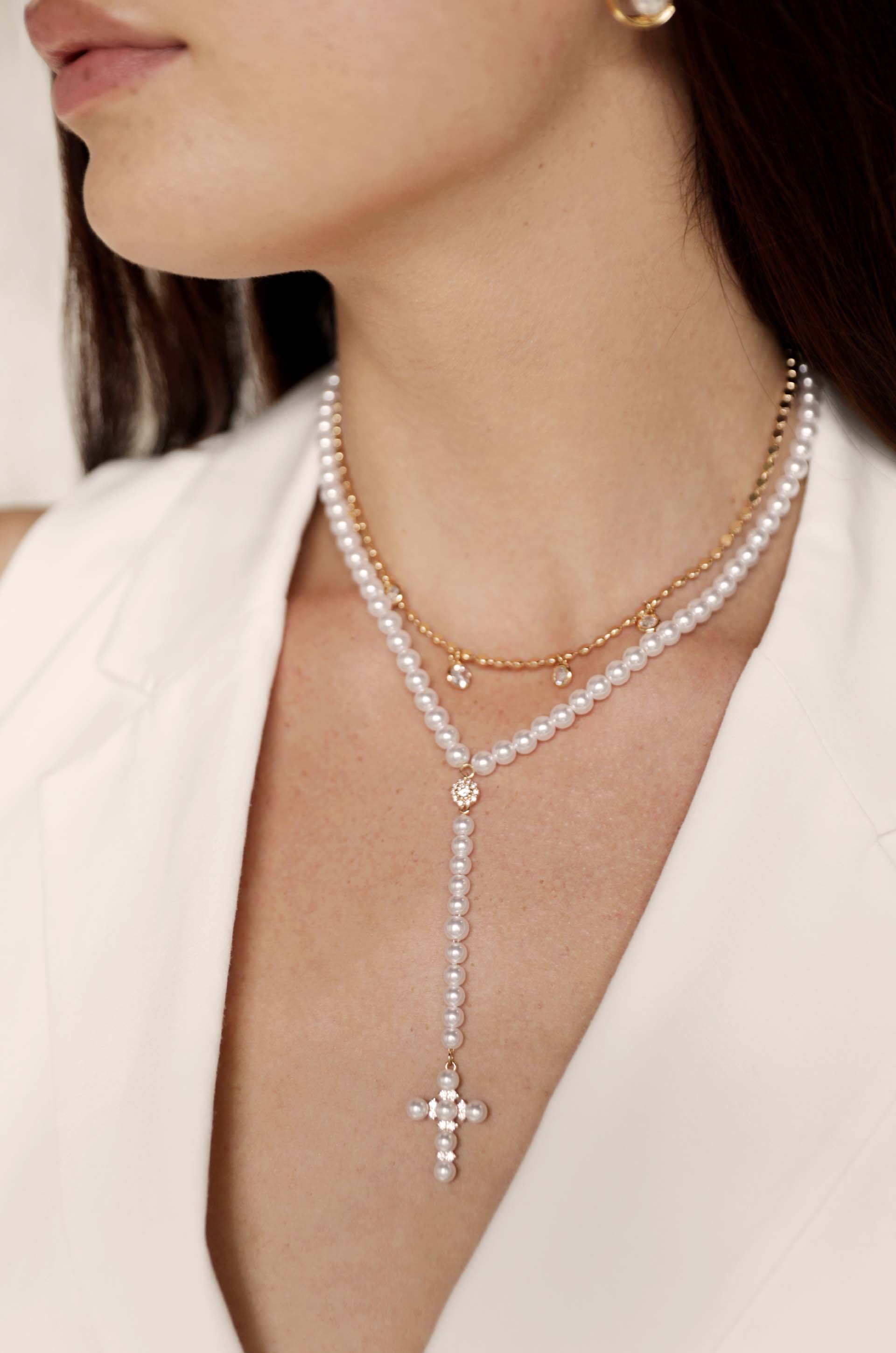 Explore More Collection - Pearl Cross Drop Lariat Necklace Set