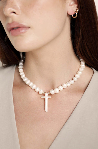 Explore More Collection - Organic Pearl Cross Necklace