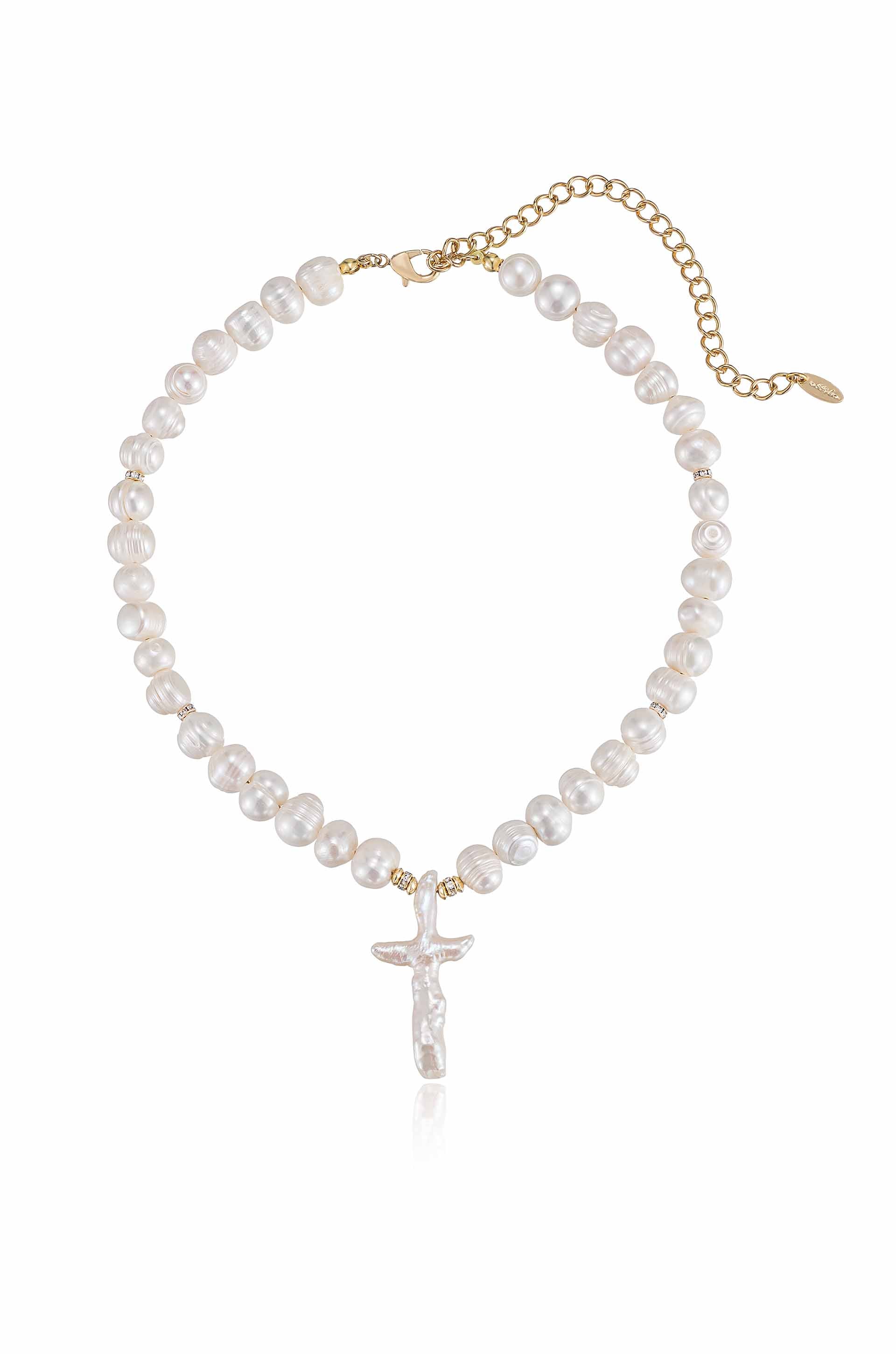 Explore More Collection - Organic Pearl Cross Necklace