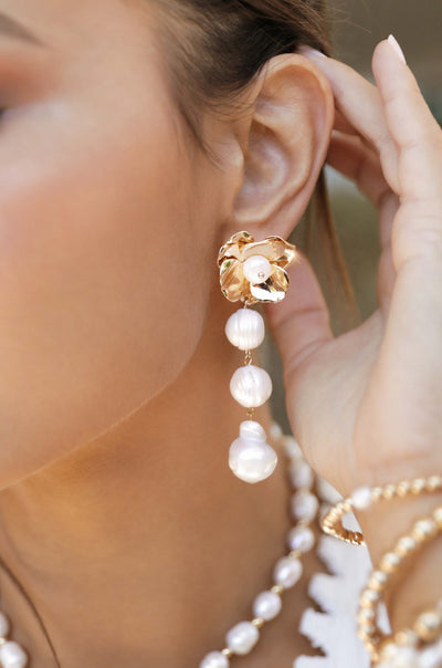 Explore More Collection - Golden Petals and Graduating Freshwater Pearl Earrings