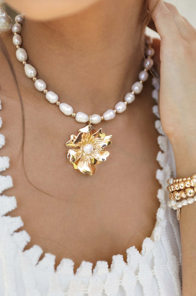 Explore More Collection - Golden Petals and Pearl Necklace