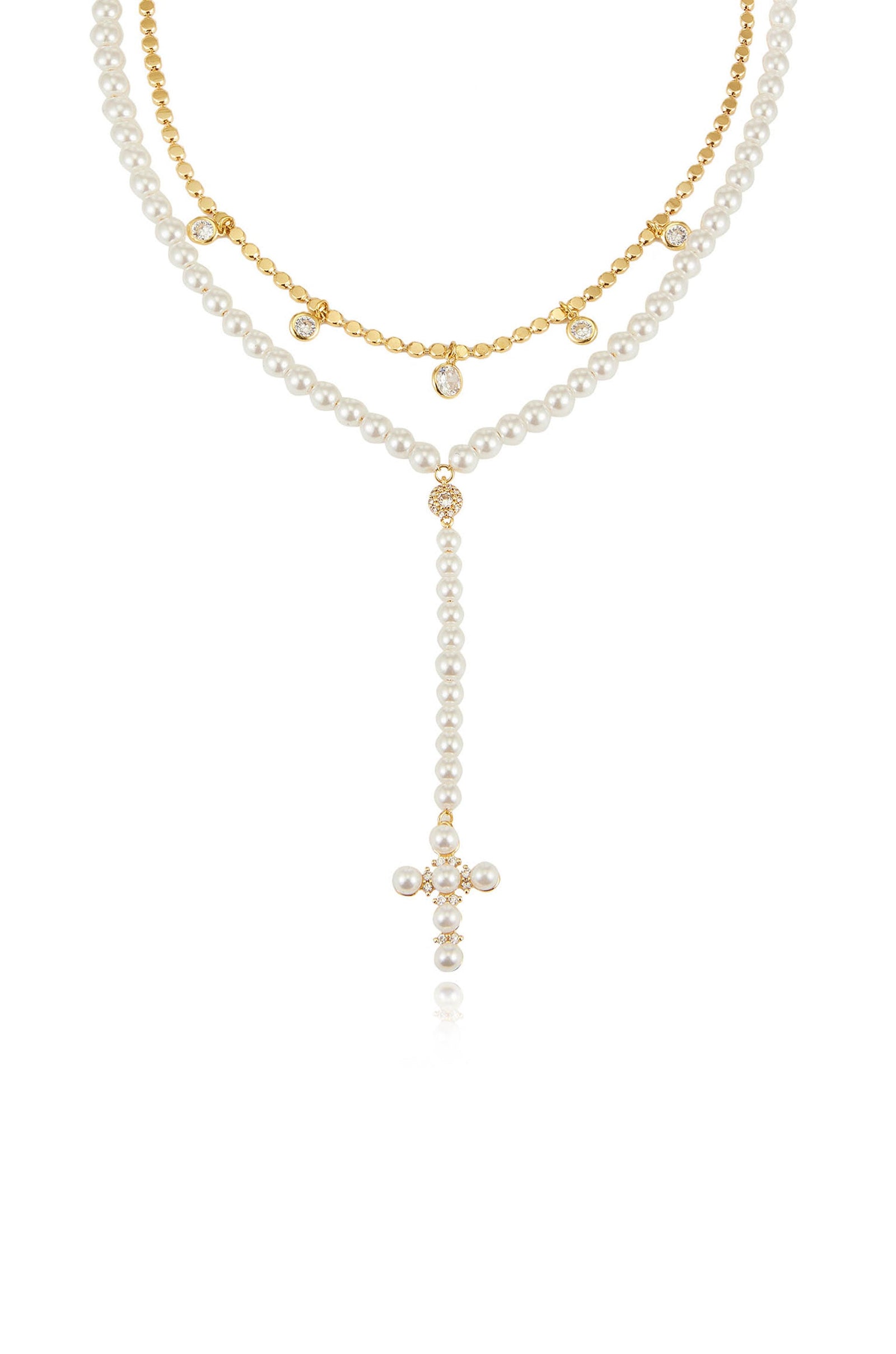 Explore More Collection - Pearl Cross Drop Lariat Necklace Set