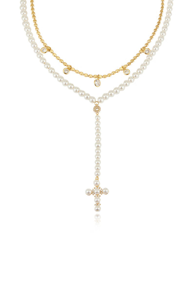 Explore More Collection - Pearl Cross Drop Lariat Necklace Set