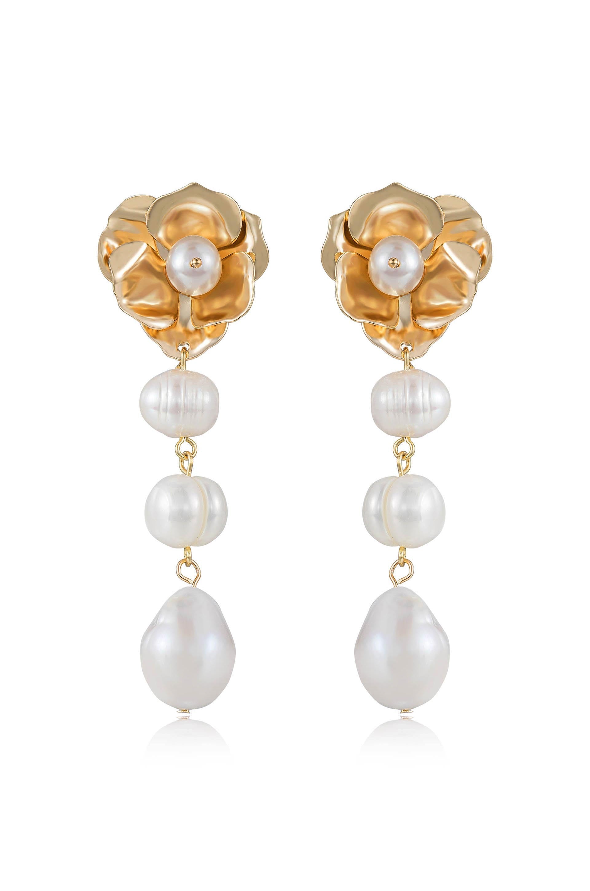 Explore More Collection - Golden Petals and Graduating Freshwater Pearl Earrings