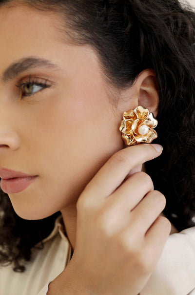 Explore More Collection - Golden Petals and Pearl Stud Earrings