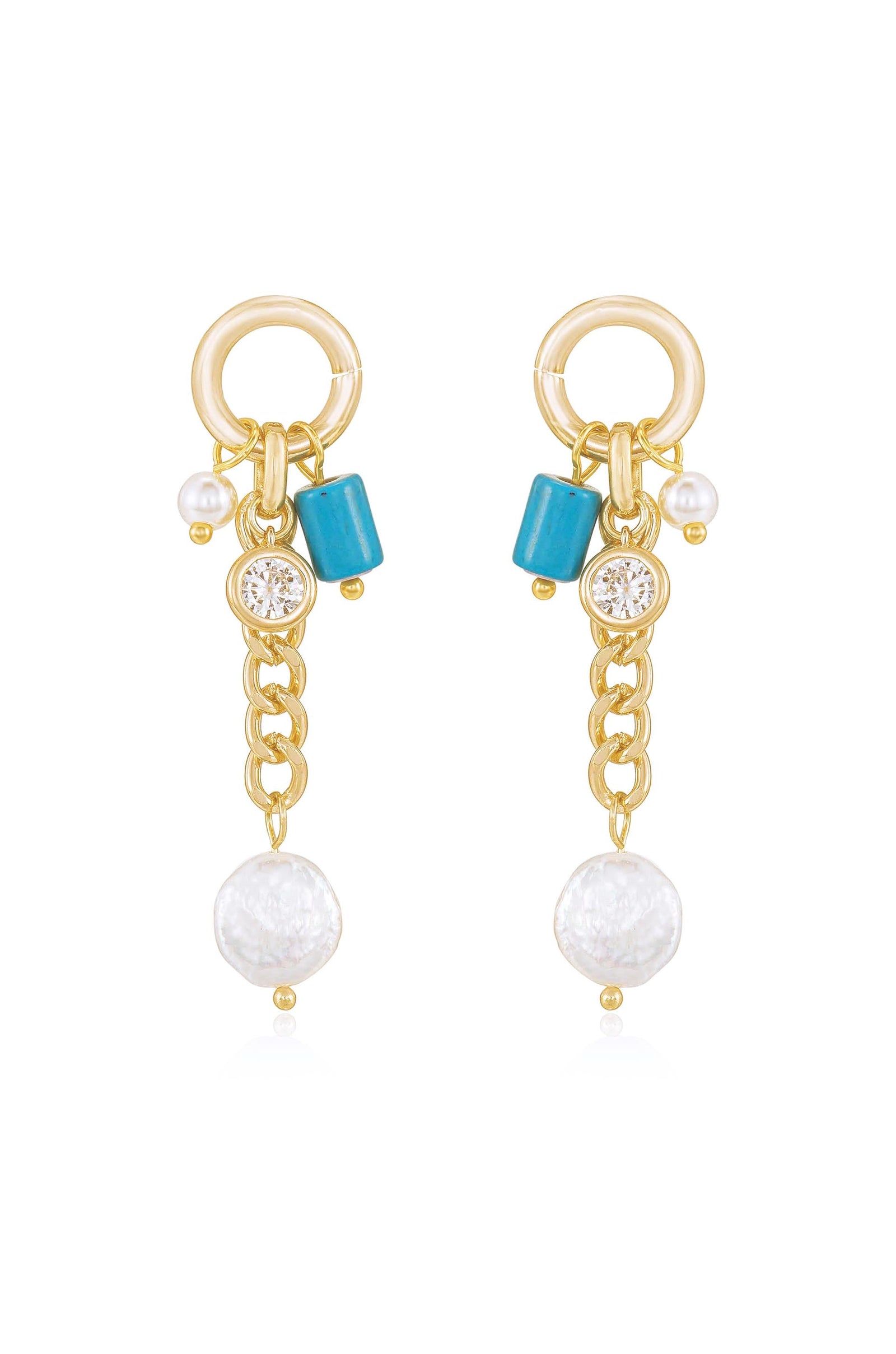 Explore More Collection - Pearl, Turquoise, and Crystal Charm Dangle Earrings