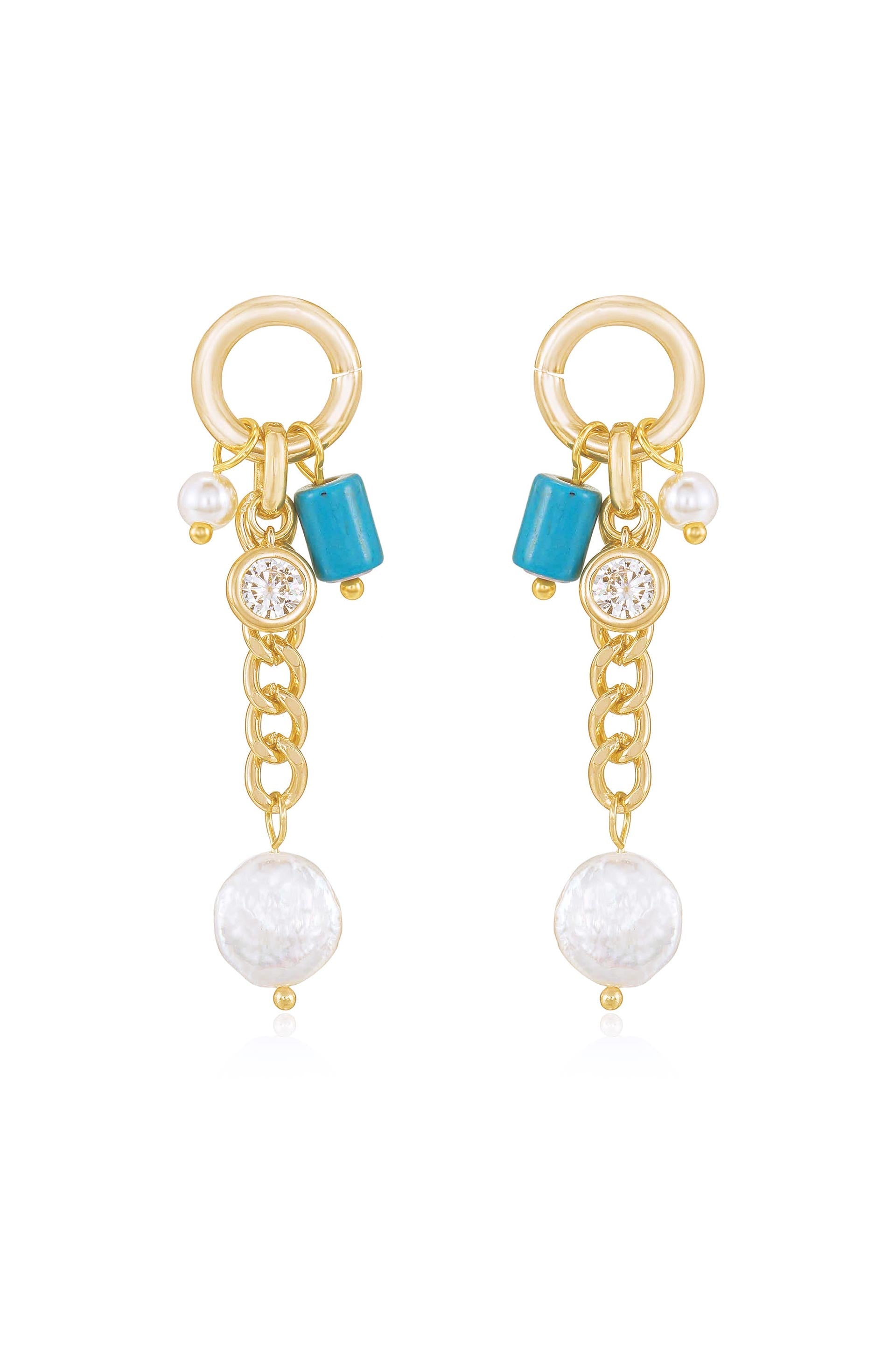 Explore More Collection - Pearl, Turquoise, and Crystal Charm Dangle Earrings