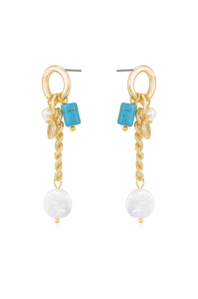 Explore More Collection - Pearl, Turquoise, and Crystal Charm Dangle Earrings