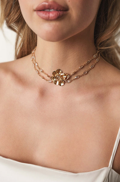 Explore More Collection - Bezel Crystal Layered Flower Necklace