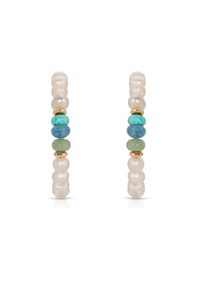 Pair of beaded earrings with pearls and colorful beads on a white background