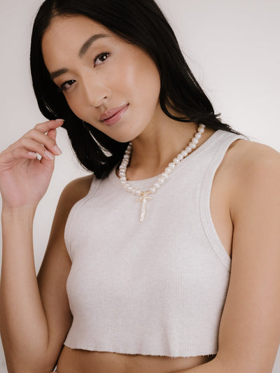 Explore More Collection - Organic Pearl Cross Necklace