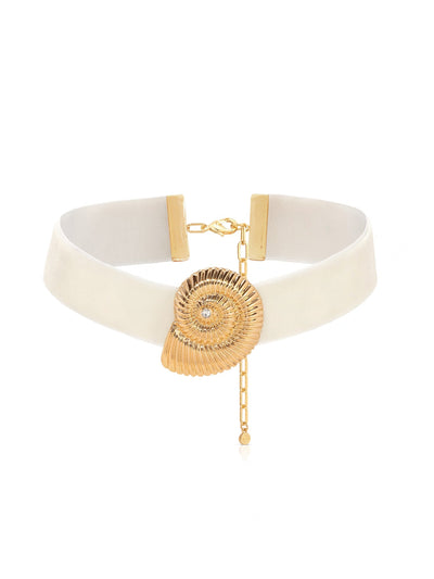 White choker necklace with gold chain and circular design on a white background
