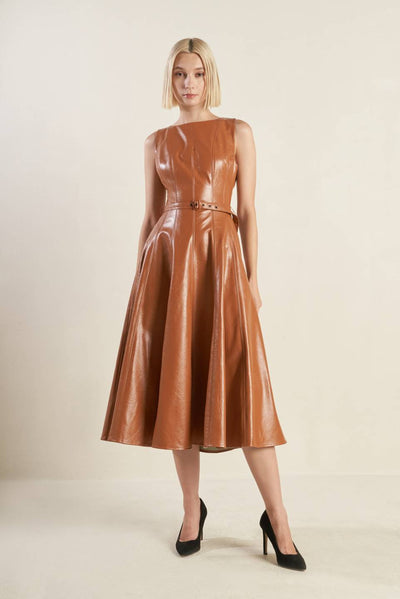 Explore More Collection - LUNAR SYMPHONY FAUX LEATHER MIDI DRESS