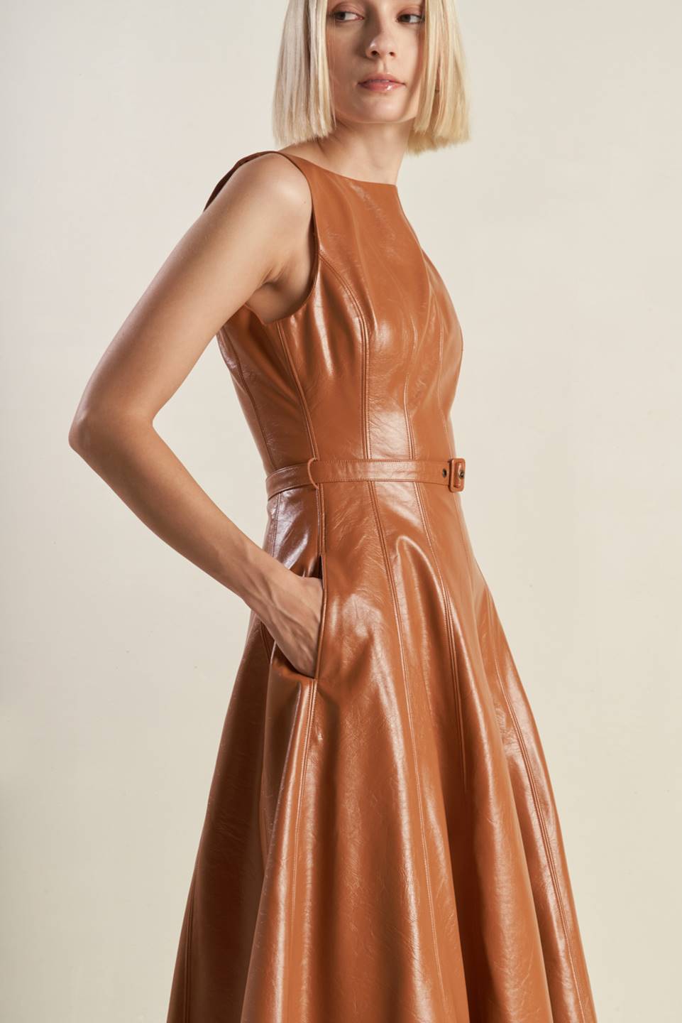Explore More Collection - LUNAR SYMPHONY FAUX LEATHER MIDI DRESS