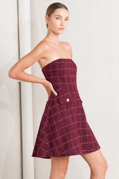 Explore More Collection - TWEED DOLL WINE WOVEN MINI DRESS