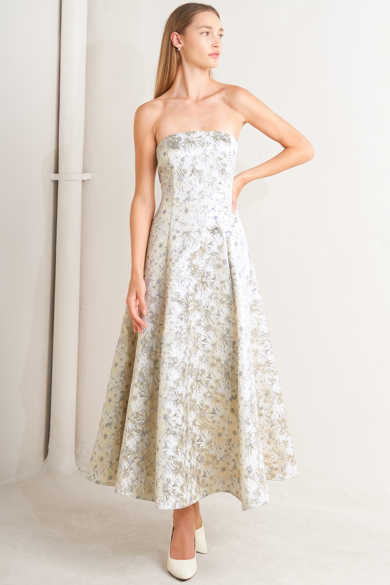 Explore More Collection - PASTEL BLOOM WOVEN JACQUARD MIDI DRESS