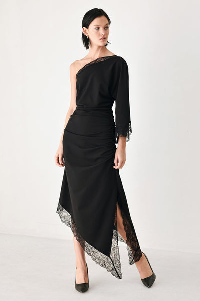AFTER HOURS LACE TRIM ASYMMETRIC MIDI DRESS