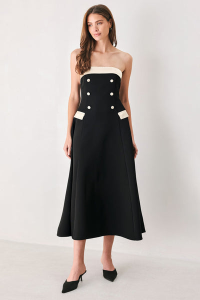 PARISIAN POISE BLACK/CREAM STRAPLESS BUTTON MIDI DRESS