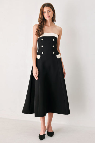 PARISIAN POISE BLACK/CREAM STRAPLESS BUTTON MIDI DRESS