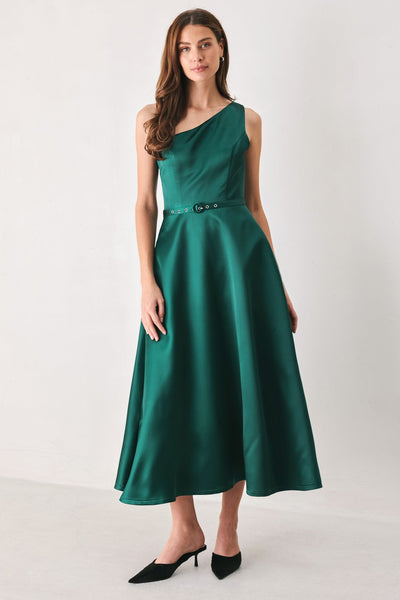 EMERALD ELEGANCE GREEN ONE-SHOULDER BELTED MIDI DRESS