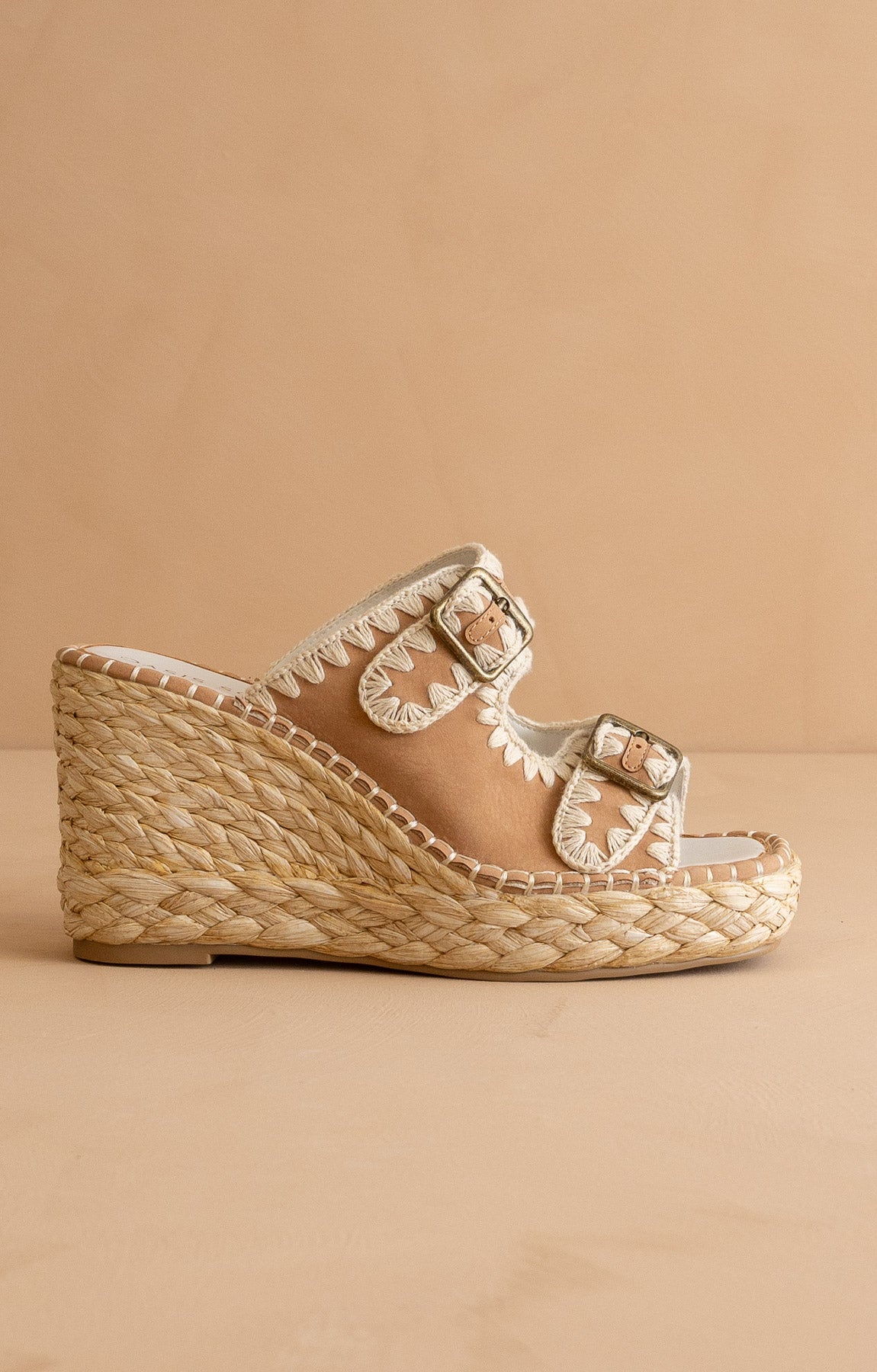 Explore More Collection - The Rae | Camel Embroidered Espadrille Wedges With Double Buckle Straps