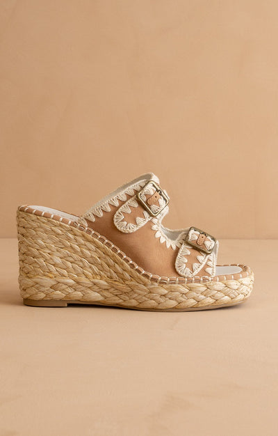 Explore More Collection - The Rae | Camel Embroidered Espadrille Wedges With Double Buckle Straps