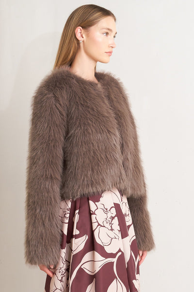 Explore More Collection - LONDON FLARE MOCHA FAUX FUR CROP JACKET