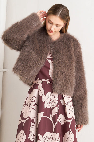 Explore More Collection - LONDON FLARE MOCHA FAUX FUR CROP JACKET